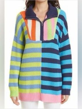 STAUD Hampton Striped Half-Zip Knit Sweater